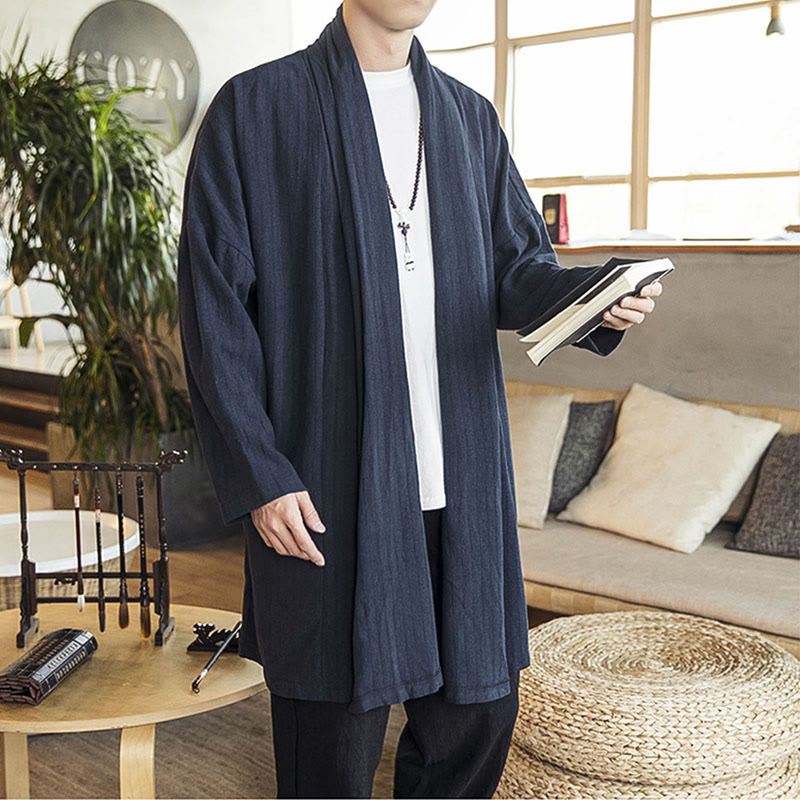 Buddha Stones Fall Simple Casual Loose Plain Linen Blend Men's Mid-length Coat Clothing - image 18