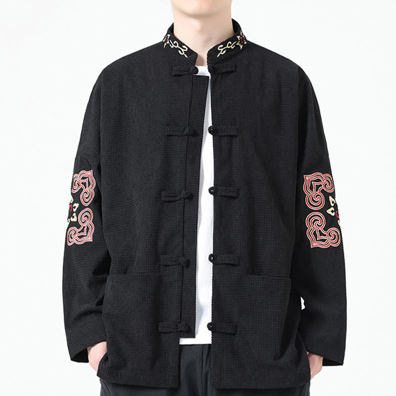 Buddha Stones Men's Frog-button Tang Suit Symmetrical Embroidery Cotton Corduroy Jacket Shirt With Pockets - Black - US/UK/AU46，EU56 (5XL) - image 0