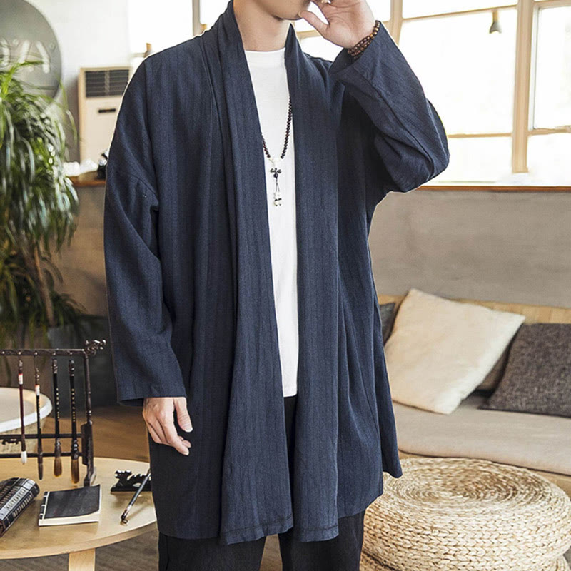Buddha Stones Fall Simple Casual Loose Plain Linen Blend Men's Mid-length Coat Clothing - image 20
