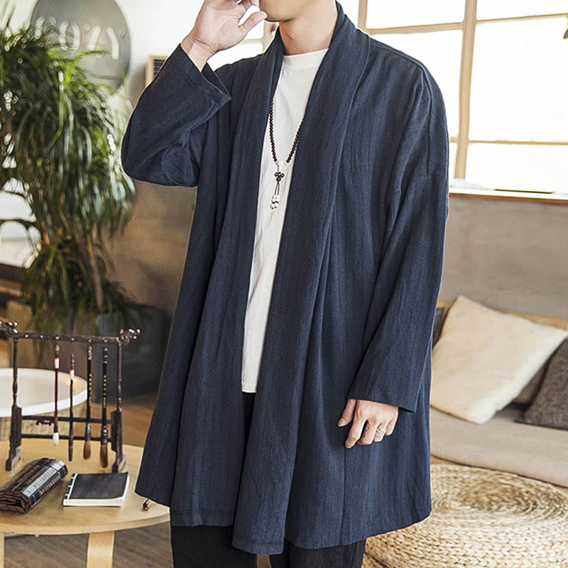 Buddha Stones Fall Simple Casual Loose Plain Linen Blend Men's Mid-length Coat Clothing - image 21
