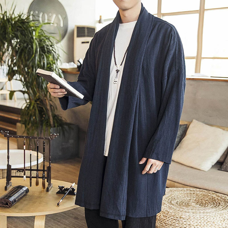Buddha Stones Fall Simple Casual Loose Plain Linen Blend Men's Mid-length Coat Clothing - image 17