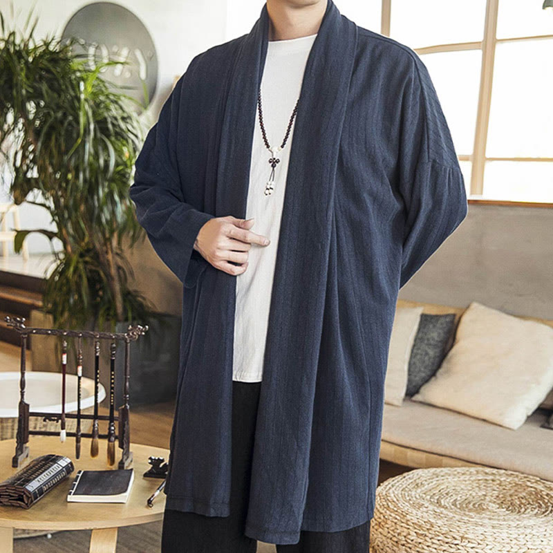 Buddha Stones Fall Simple Casual Loose Plain Linen Blend Men's Mid-length Coat Clothing - image 19