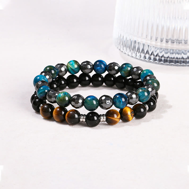 Buddha Stones 2Pcs Hematite Tiger Eye Blue Tiger Eye Powerful Bracelet Set - image 14