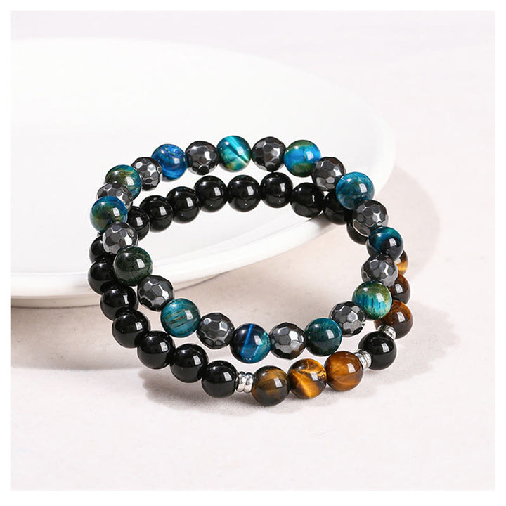 Buddha Stones 2Pcs Hematite Tiger Eye Blue Tiger Eye Powerful Bracelet Set - image 11