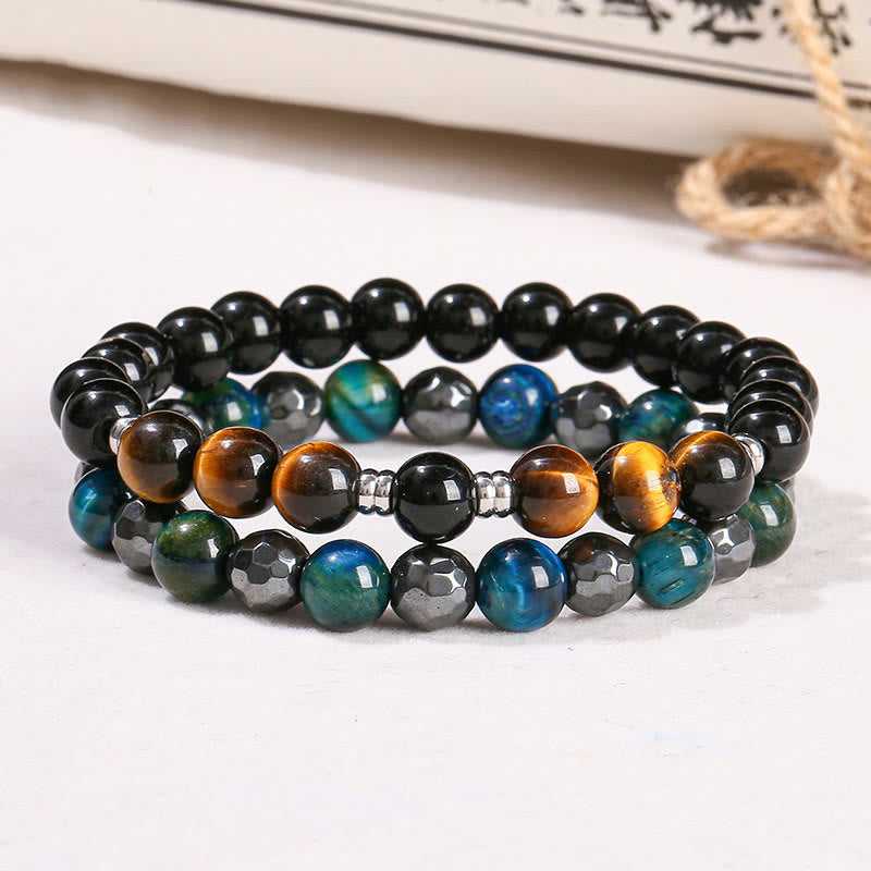 Buddha Stones 2Pcs Hematite Tiger Eye Blue Tiger Eye Powerful Bracelet Set - image 13