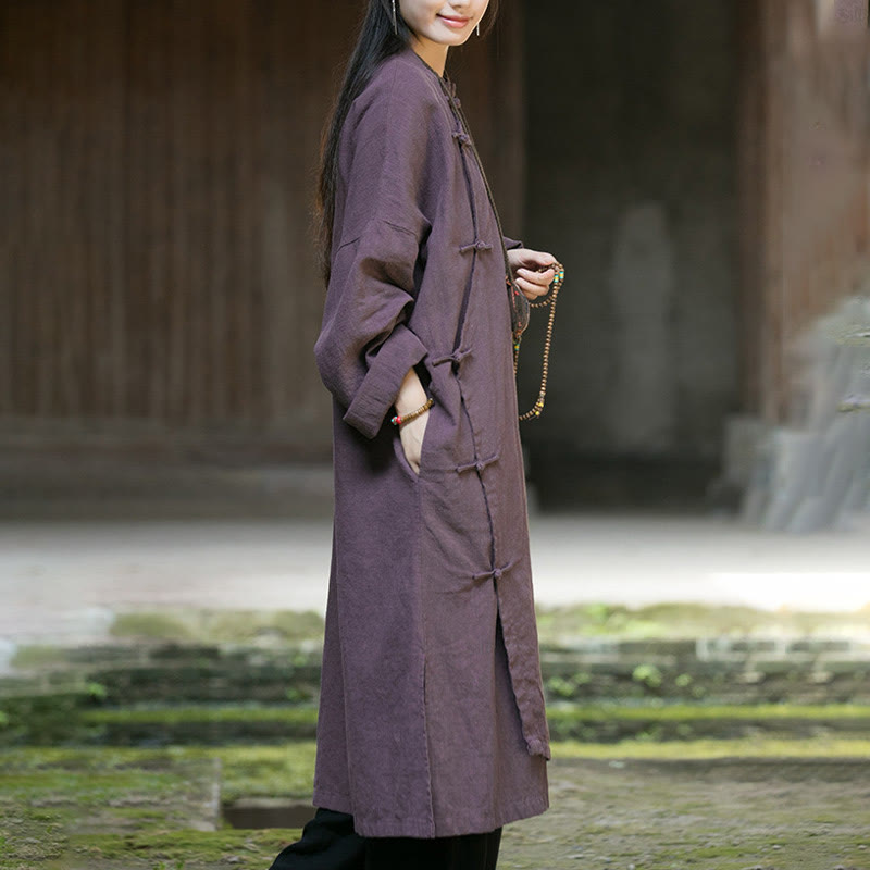 Buddha Stones Solid Color Frog-Button Long Sleeve Ramie Linen Cotton Midi Dress With Pockets - image 18