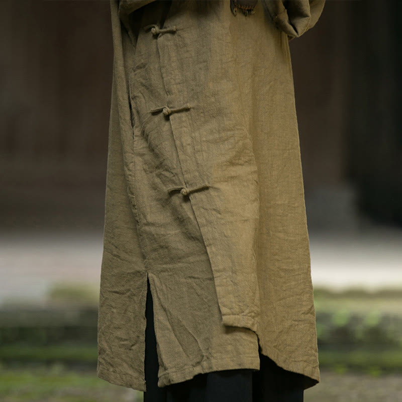 Buddha Stones Solid Color Frog-Button Long Sleeve Ramie Linen Cotton Midi Dress With Pockets - image 15