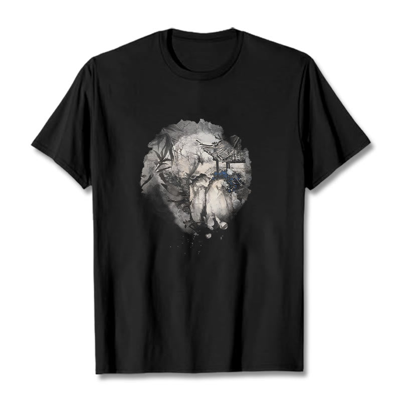 Buddha Stones Chinese Bamboo Mountain Pavilion Design Pattern Tee T-shirt - Black - 2XL - image 0