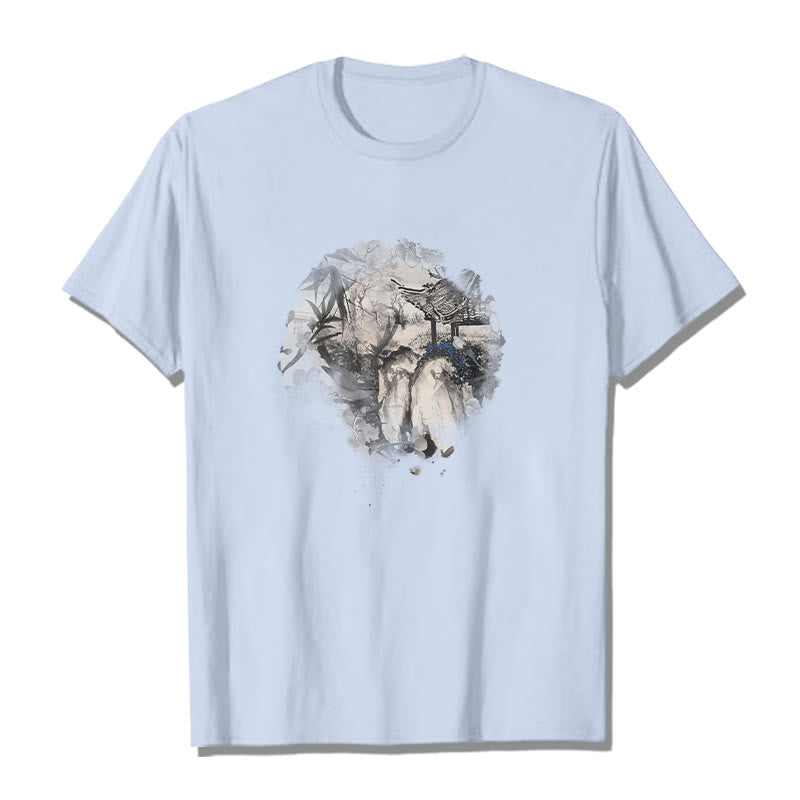 Buddha Stones Chinese Bamboo Mountain Pavilion Design Pattern Tee T-shirt - Light Cyan - 2XL - image 12
