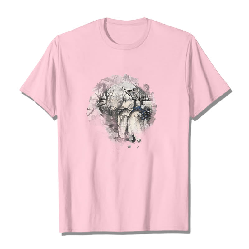 Buddha Stones Chinese Bamboo Mountain Pavilion Design Pattern Tee T-shirt - Light Pink - 2XL - image 13