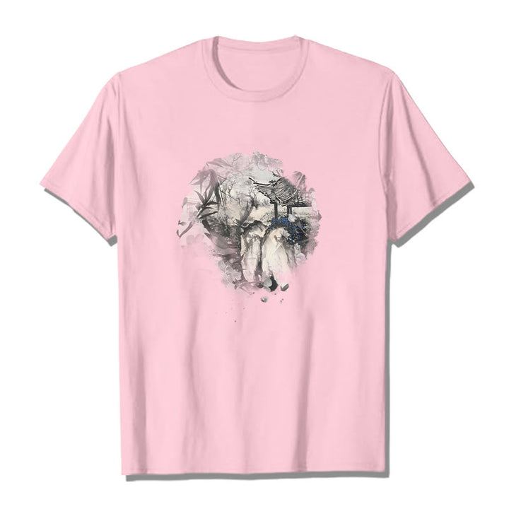 Buddha Stones Chinese Bamboo Mountain Pavilion Design Pattern Tee T-shirt - Light Pink - 2XL - image 13