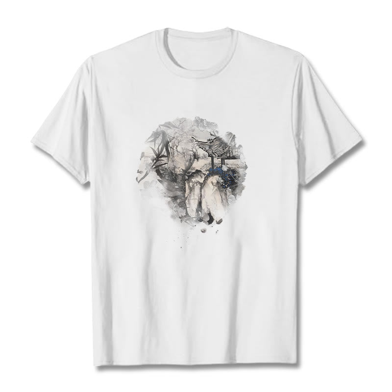 Buddha Stones Chinese Bamboo Mountain Pavilion Design Pattern Tee T-shirt - White - 2XL - image 7