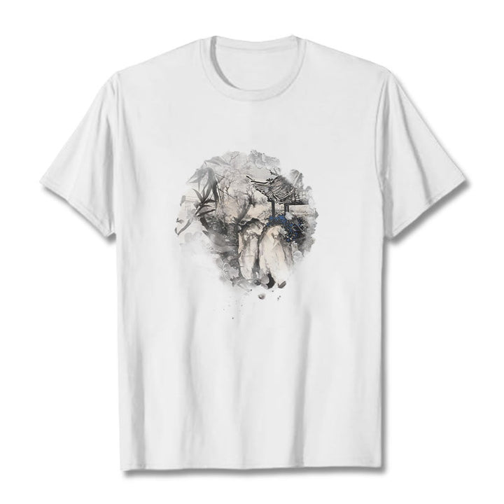 Buddha Stones Chinese Bamboo Mountain Pavilion Design Pattern Tee T-shirt - White - 2XL - image 7