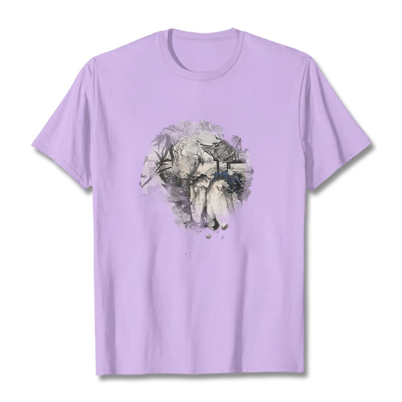 Buddha Stones Chinese Bamboo Mountain Pavilion Design Pattern Tee T-shirt - Plum - 2XL - image 17