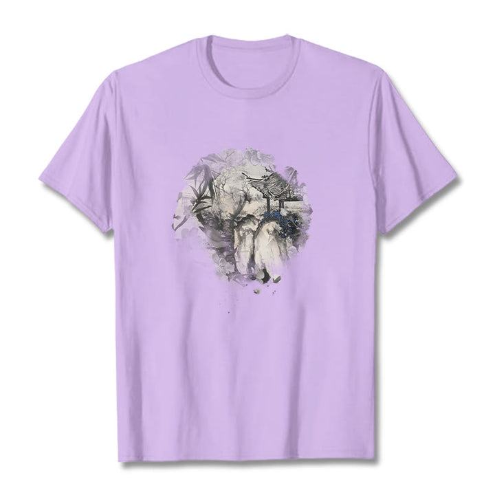 Buddha Stones Chinese Bamboo Mountain Pavilion Design Pattern Tee T-shirt - Plum - 2XL - image 17