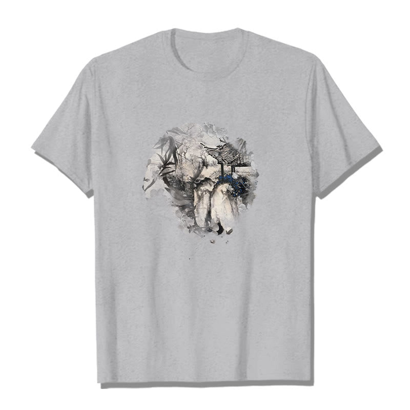 Buddha Stones Chinese Bamboo Mountain Pavilion Design Pattern Tee T-shirt - Light Grey - 2XL - image 19
