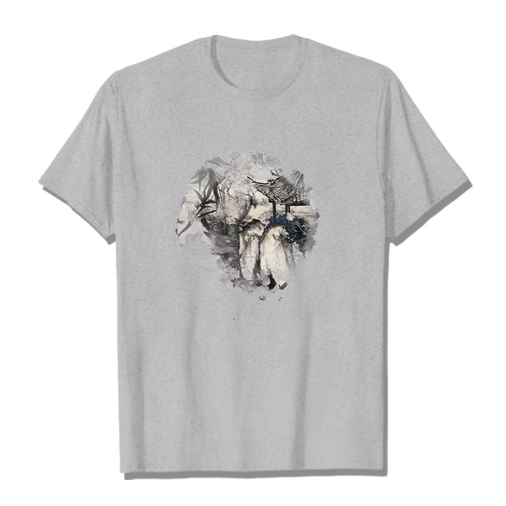 Buddha Stones Chinese Bamboo Mountain Pavilion Design Pattern Tee T-shirt - Light Grey - 2XL - image 19