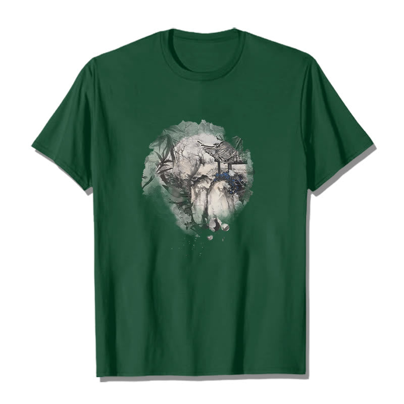 Buddha Stones Chinese Bamboo Mountain Pavilion Design Pattern Tee T-shirt - Forest Green - 2XL - image 10