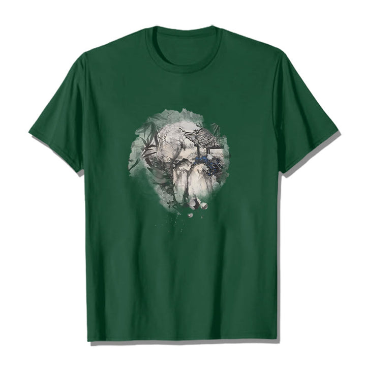 Buddha Stones Chinese Bamboo Mountain Pavilion Design Pattern Tee T-shirt - Forest Green - 2XL - image 10