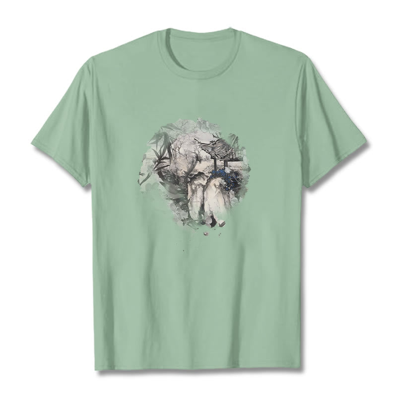 Buddha Stones Chinese Bamboo Mountain Pavilion Design Pattern Tee T-shirt - Pale Green - 2XL - image 15