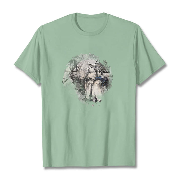 Buddha Stones Chinese Bamboo Mountain Pavilion Design Pattern Tee T-shirt - Pale Green - 2XL - image 15