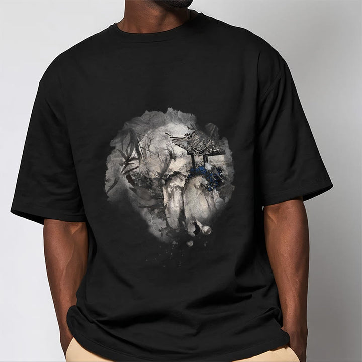 Buddha Stones Chinese Bamboo Mountain Pavilion Design Pattern Tee T-shirt - image 2