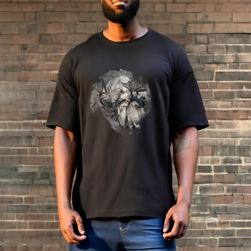 Buddha Stones Chinese Bamboo Mountain Pavilion Design Pattern Tee T-shirt - image 1