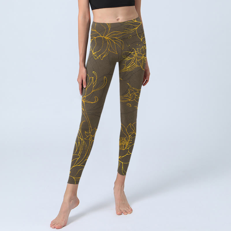 Buddha Stones Yellowish Brown Lotus Flower Lotus Leaf Print Gym Leggings Women's Yoga Pants - image 5