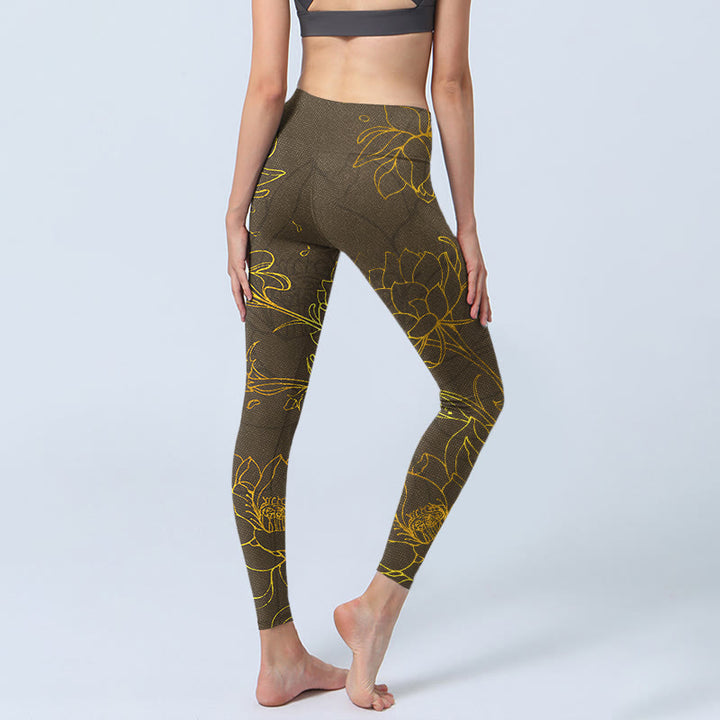 Buddha Stones Yellowish Brown Lotus Flower Lotus Leaf Print Gym Leggings Women's Yoga Pants - image 4