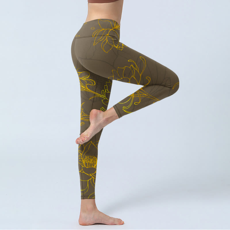 Buddha Stones Yellowish Brown Lotus Flower Lotus Leaf Print Gym Leggings Women's Yoga Pants - image 3
