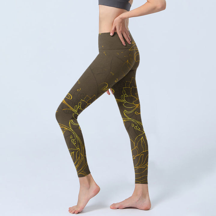 Buddha Stones Yellowish Brown Lotus Flower Lotus Leaf Print Gym Leggings Women's Yoga Pants - image 2