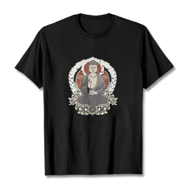 Buddha Stones Meditating Buddha Sitting With Lotus Pattern Tee T-shirt - Black - 2XL - image 3