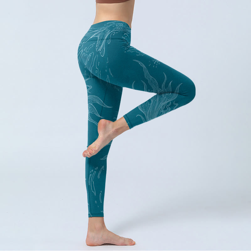 Buddha Stones Blue Koi Fish Flowing Waves Print Gym Leggings Women's Yoga Pants - image 3