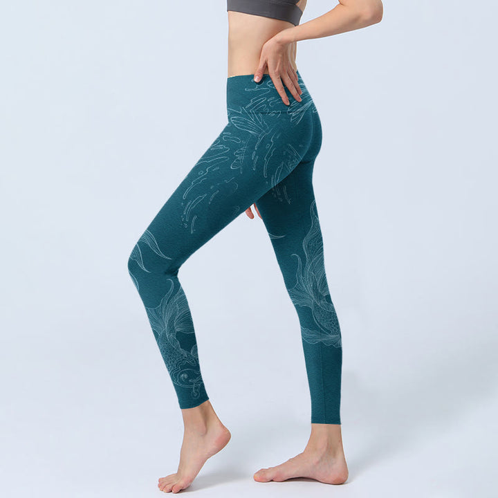 Buddha Stones Blue Koi Fish Flowing Waves Print Gym Leggings Women's Yoga Pants - image 2