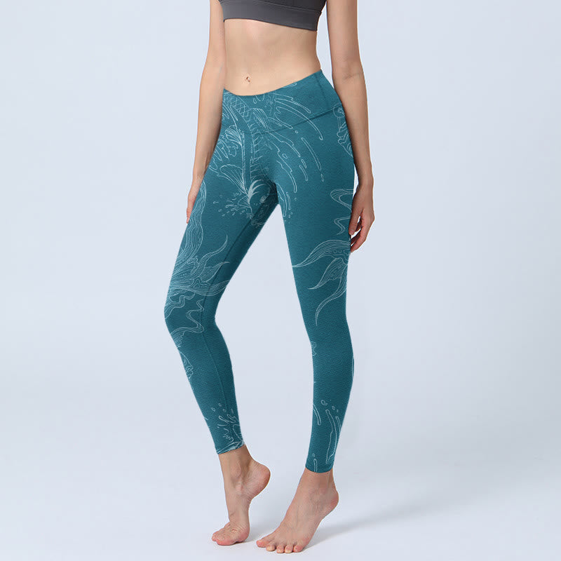 Buddha Stones Blue Koi Fish Flowing Waves Print Gym Leggings Women's Yoga Pants - CadetBlue - US18，UK/AU22，EU50 (4XL) - image 0