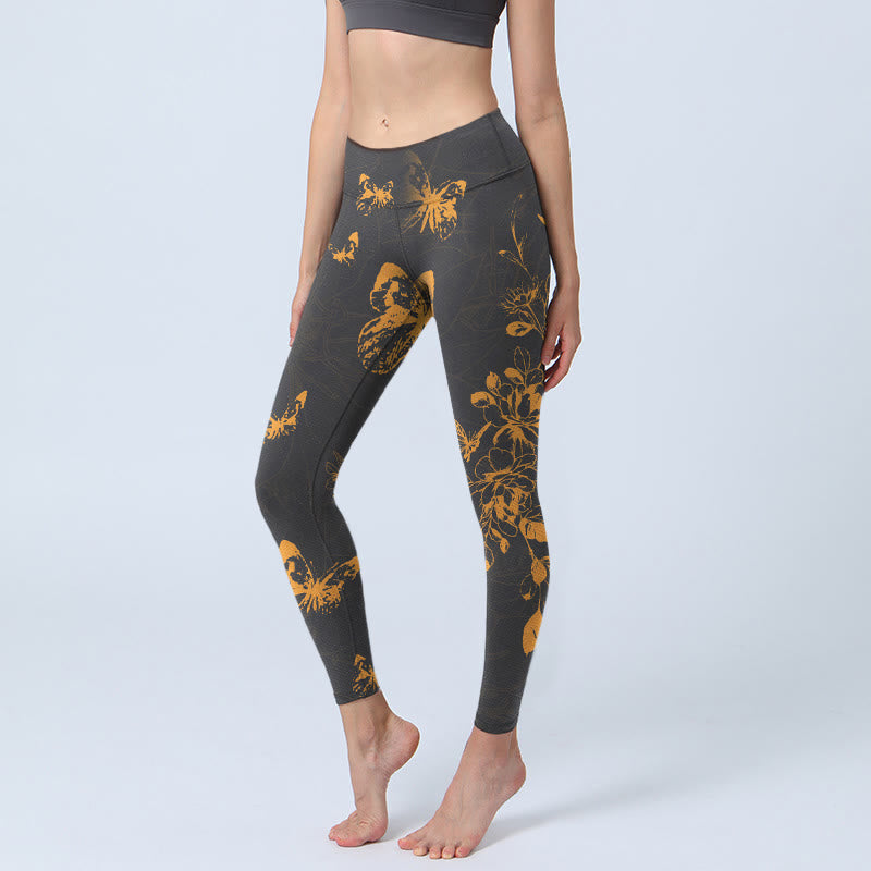 Buddha Stones Dark Grey Butterflies Peony Flowers Print Gym Leggings Women's Yoga Pants - DarkSlateGray - US18，UK/AU22，EU50 (4XL) - image 0