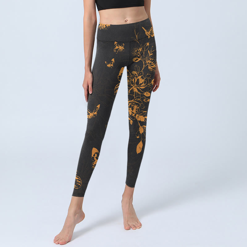 Buddha Stones Dark Grey Butterflies Peony Flowers Print Gym Leggings Women's Yoga Pants - image 5