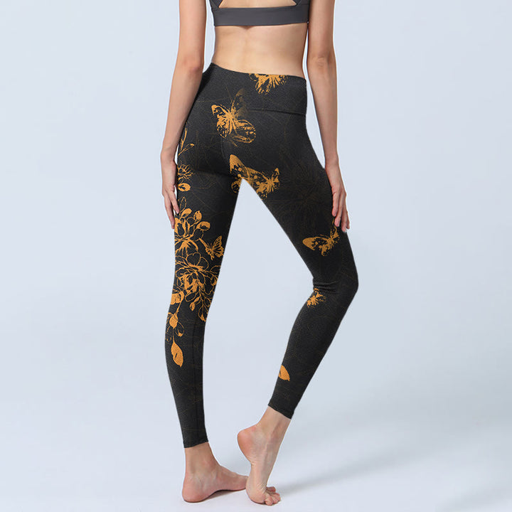 Buddha Stones Dark Grey Butterflies Peony Flowers Print Gym Leggings Women's Yoga Pants - image 3