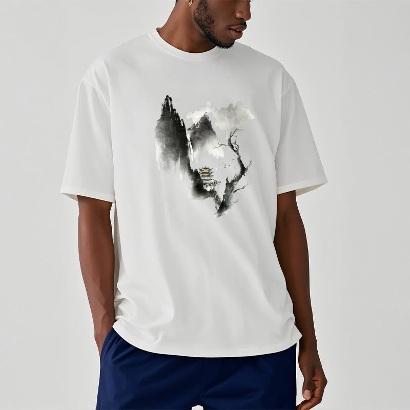 Buddha Stones Pavilion Tree Geese Around The Mountains Pattern Tee T-shirt - image 3