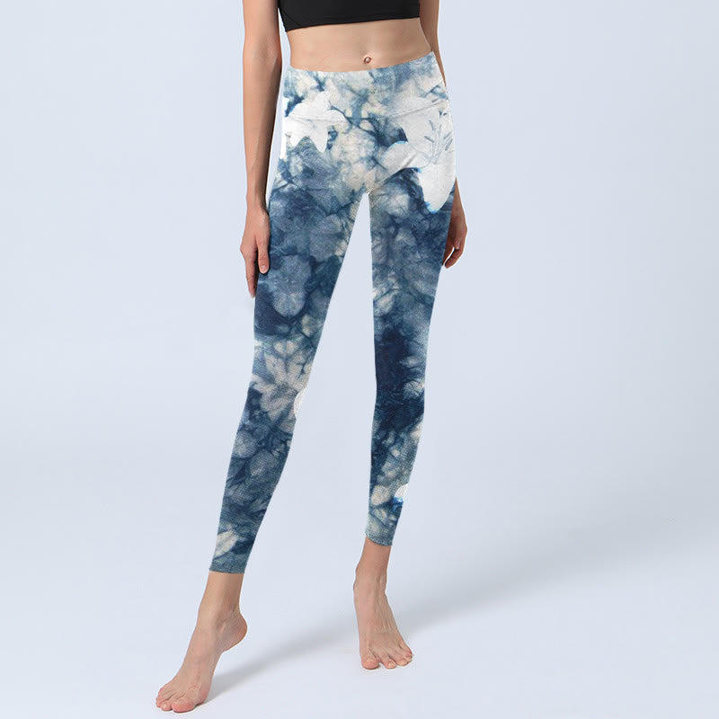 Buddha Stones Blue Lily Flowers Watercolor Texture Print Gym Leggings Women's Yoga Pants - image 5