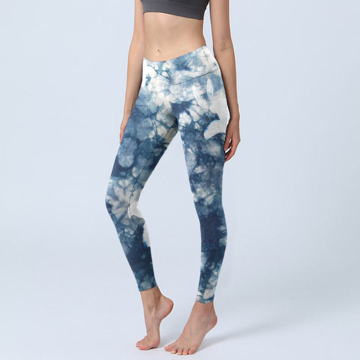 Buddha Stones Blue Lily Flowers Watercolor Texture Print Gym Leggings Women's Yoga Pants - SteelBlue - US18，UK/AU22，EU50 (4XL) - image 0