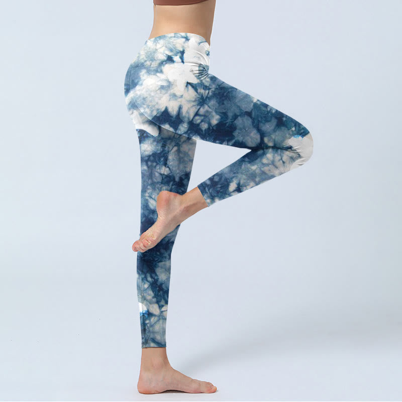 Buddha Stones Blue Lily Flowers Watercolor Texture Print Gym Leggings Women's Yoga Pants - image 3