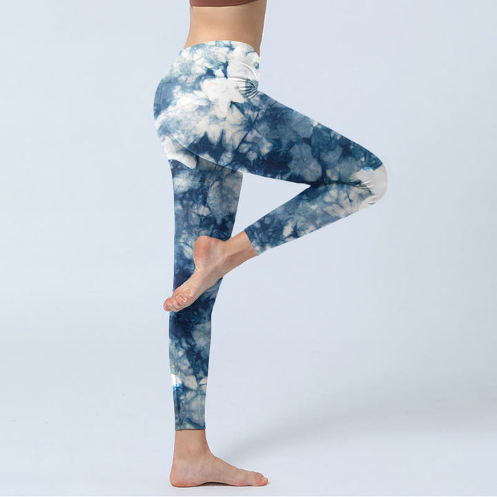 Buddha Stones Blue Lily Flowers Watercolor Texture Print Gym Leggings Women's Yoga Pants - image 3