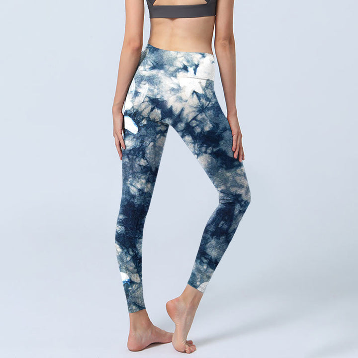 Buddha Stones Blue Lily Flowers Watercolor Texture Print Gym Leggings Women's Yoga Pants - image 4