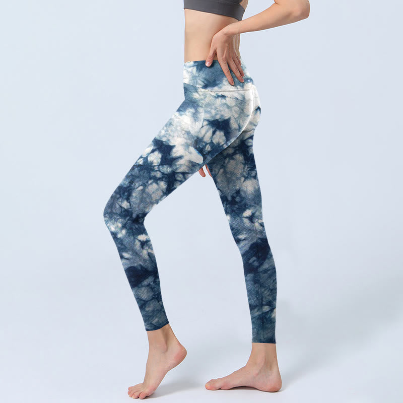 Buddha Stones Blue Lily Flowers Watercolor Texture Print Gym Leggings Women's Yoga Pants - image 2