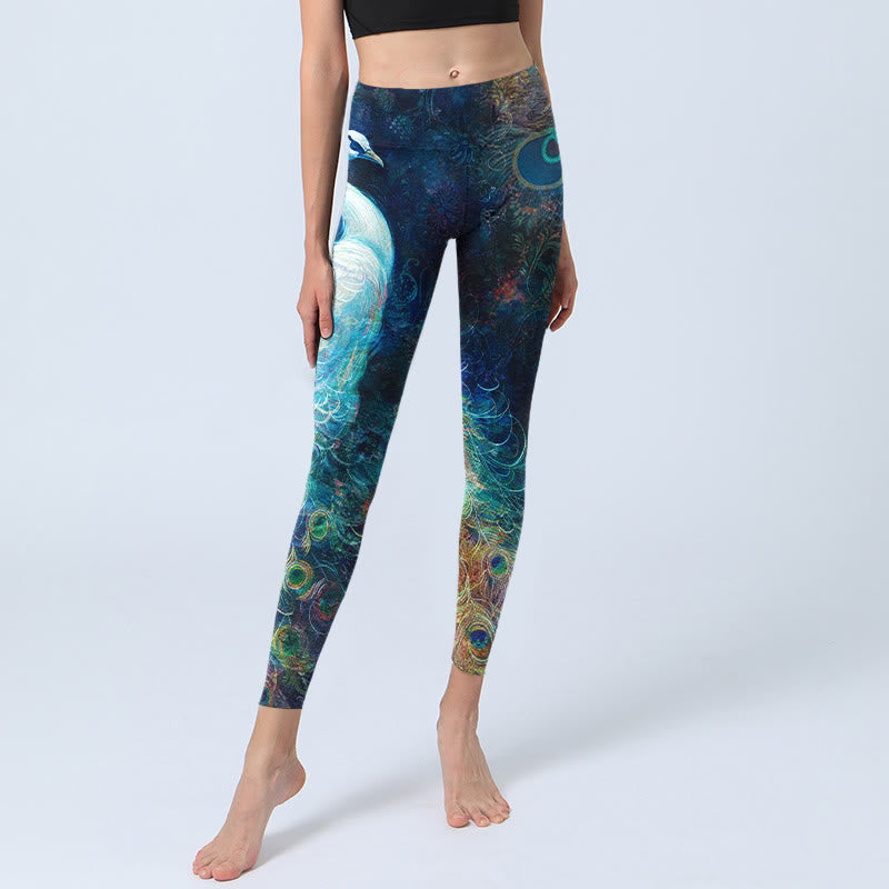 Buddha Stones Blue Peacock Colorful Feathers Print Gym Leggings Women's Yoga Pants - image 5