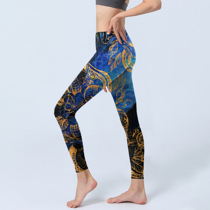 Buddha Stones Black Snake Butterfly Flower Leaves Print Gym Leggings Women's Yoga Pants - image 2