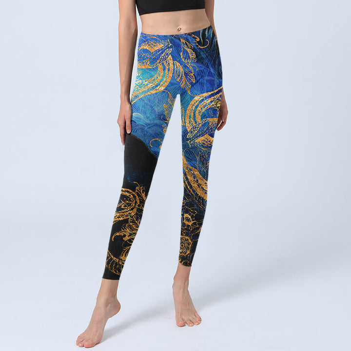 Buddha Stones Black Snake Butterfly Flower Leaves Print Gym Leggings Women's Yoga Pants - image 5