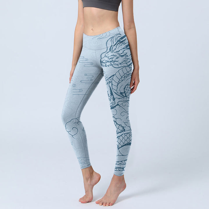 Buddha Stones Blue Soaring Dragon Swirling Clouds Print Gym Leggings Women's Yoga Pants - LightSkyBlue - US18，UK/AU22，EU50 (4XL) - image 0