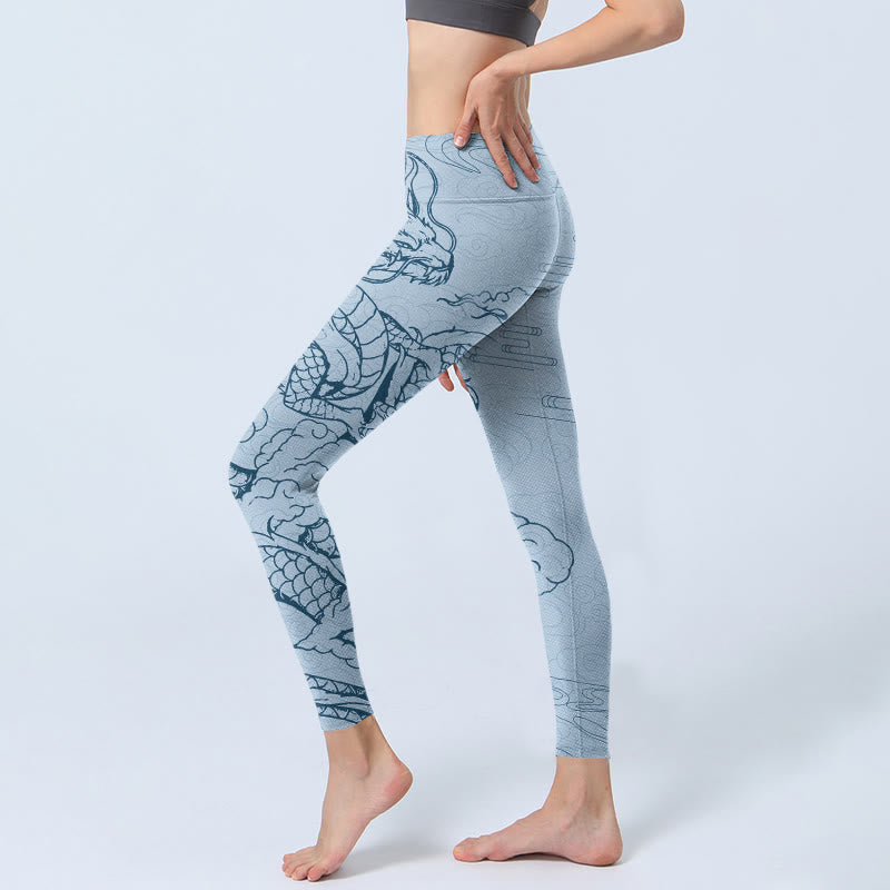 Buddha Stones Blue Soaring Dragon Swirling Clouds Print Gym Leggings Women's Yoga Pants - image 2